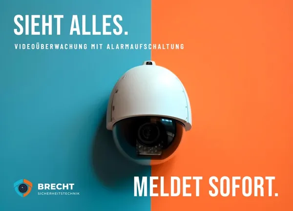 Beispiel-Postkarte Brecht Sicherheitstechnik: Sieht alles. Meldet sofort. Videoüberwachung mit Alarmaufschaltung