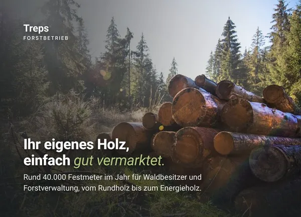 Beispiel-Postkarte Treps Forstbetrieb: Ihr eigenes Holz, einfach gut vermarktet.