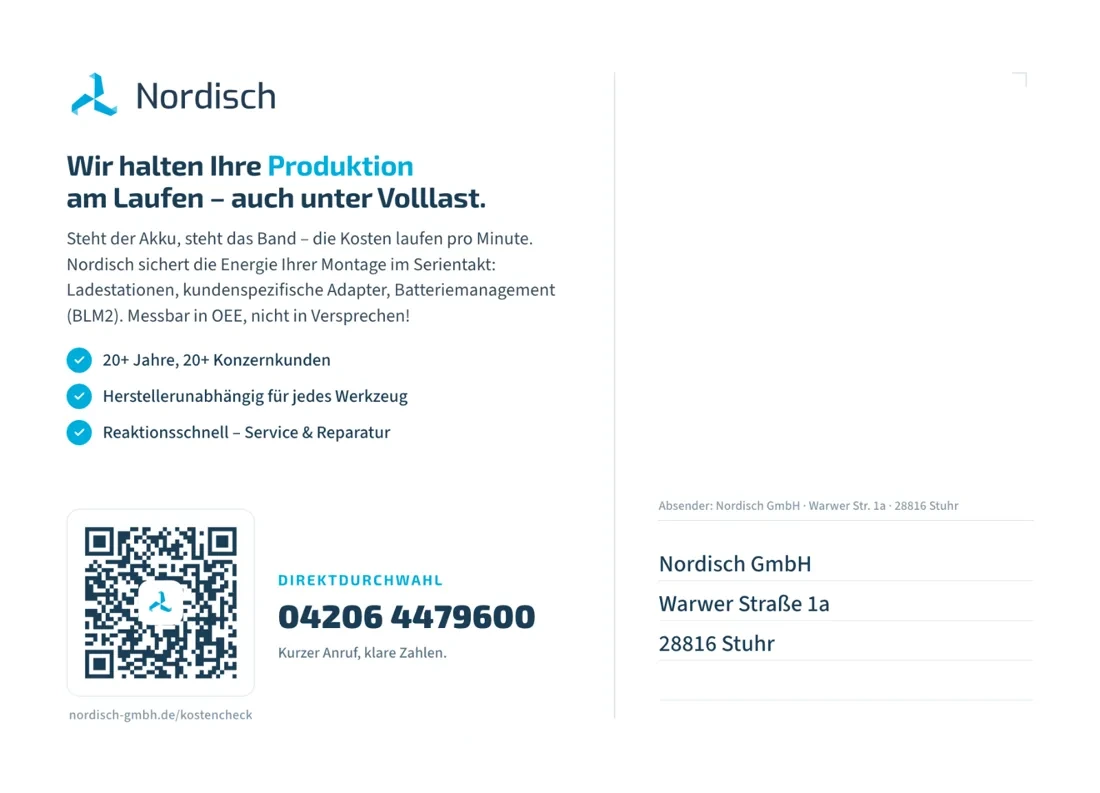 Rückseite: Botschaft, drei Bullets, QR-Code, Durchwahl, Adressfeld und Briefmarken-Ecke „Wird von stamplead frankiert“