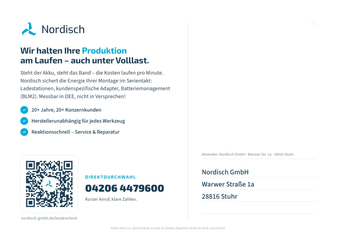 Rückseite der Nordisch-Postkarte mit Adressfeld und Frankier-Ecke „Wird von stamplead frankiert“